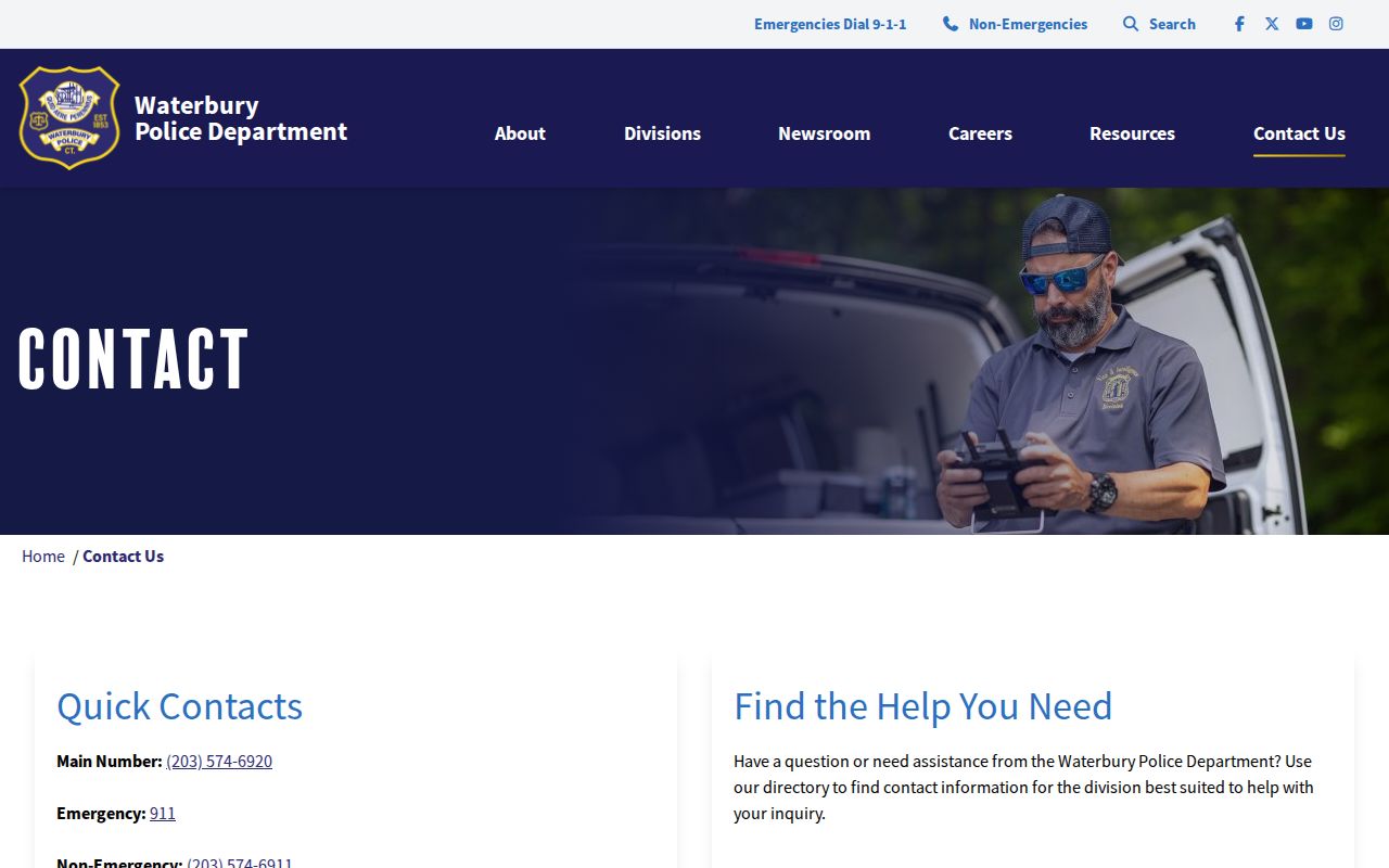 Waterbury warrant records police contact and headquarters page