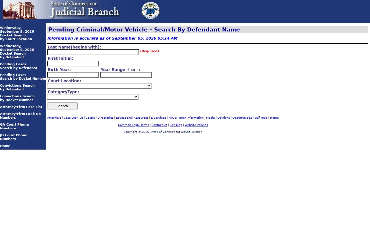 Connecticut pending criminal and motor vehicle defendant search form