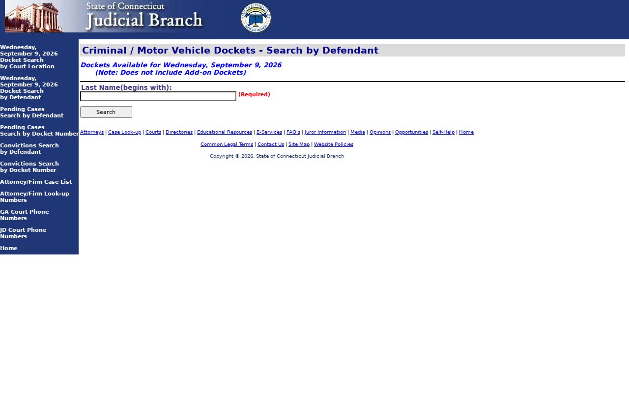 Connecticut criminal docket defendant search interface