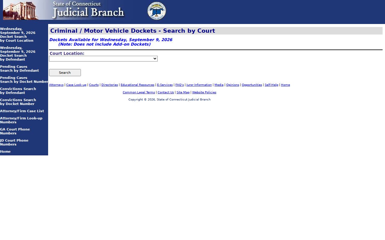Connecticut criminal docket search by Superior Court location